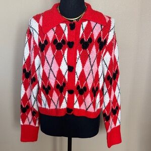 Mickey Mouse Zara Red & Pink Argyle Knit Cardigan Cropped Sweater